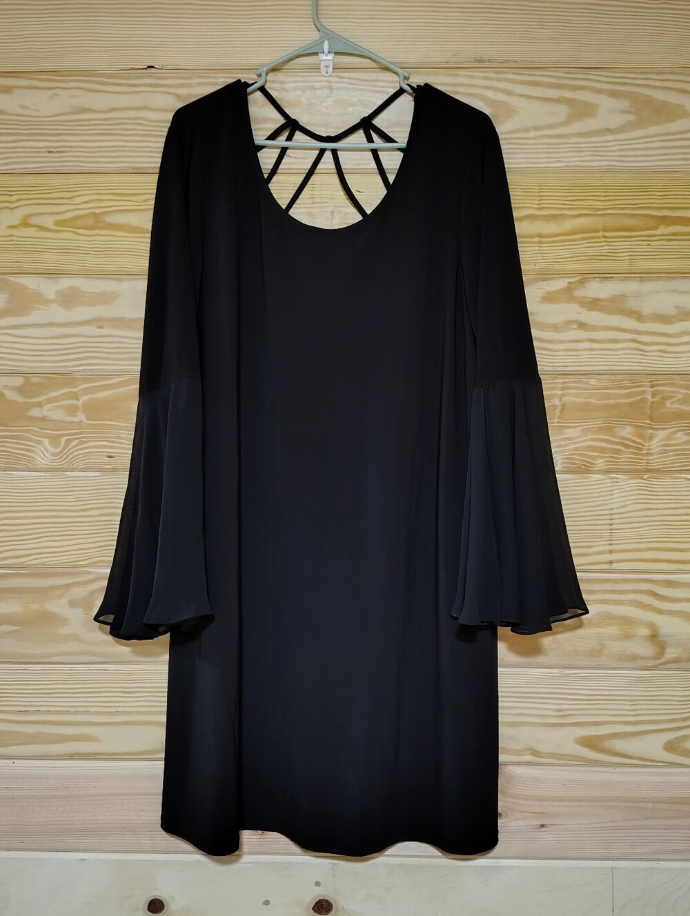 MSK Little Black Dress Long Split Bell Sleeves Strappy Back Midi Minimalist Chic